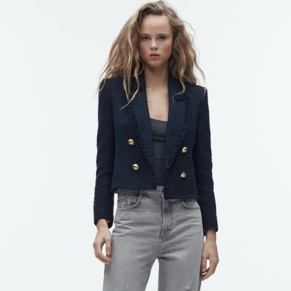 Zara Dark Blue Textured Blazer with Gold Buttons